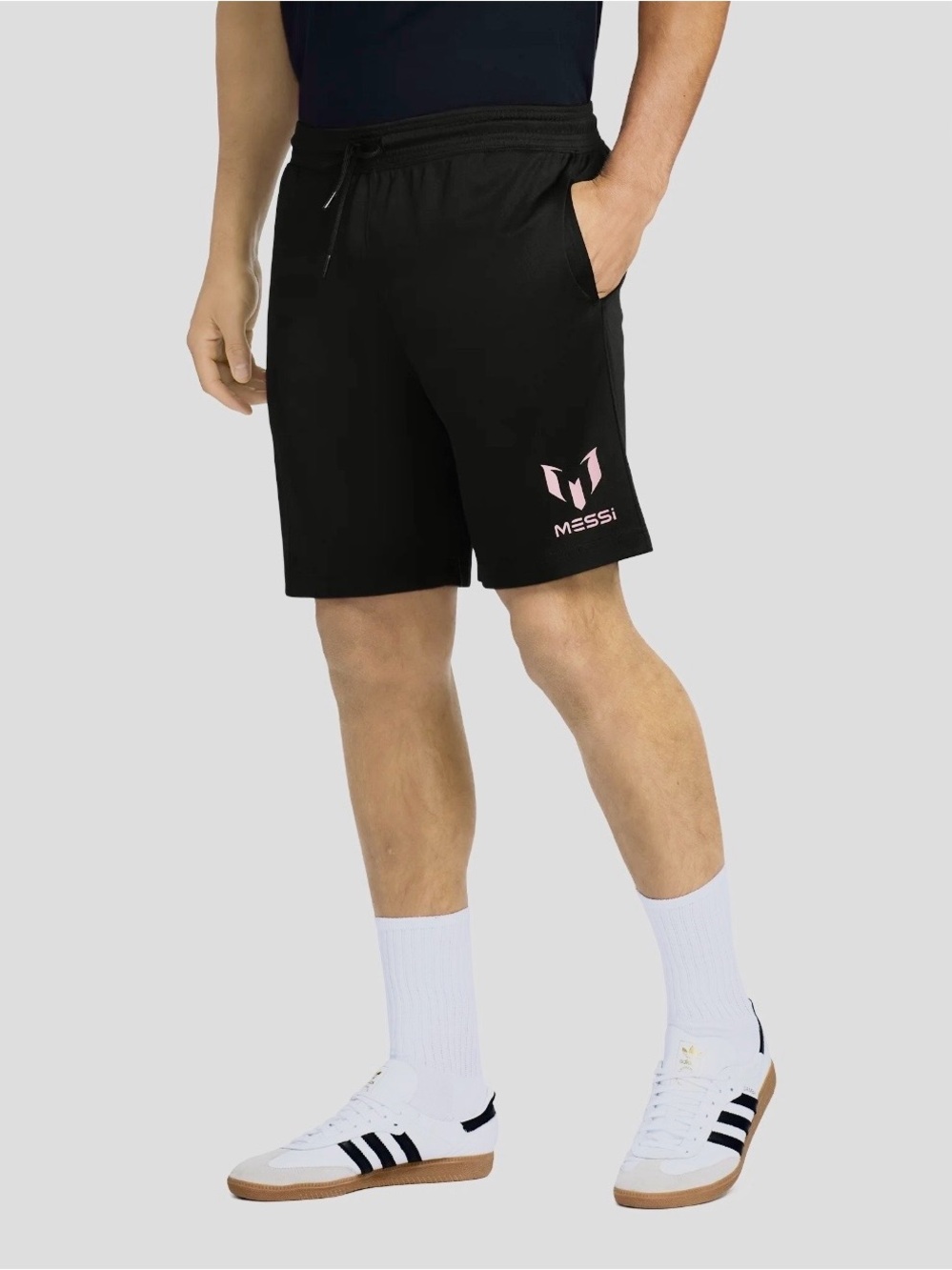 Men's Messi Black Athletic Shorts with Pink Logo